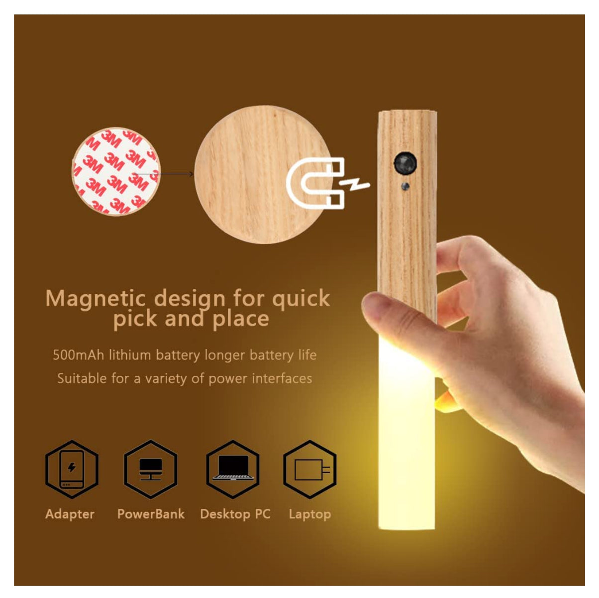 Lampara Magnetica sensor en Madera Vara
