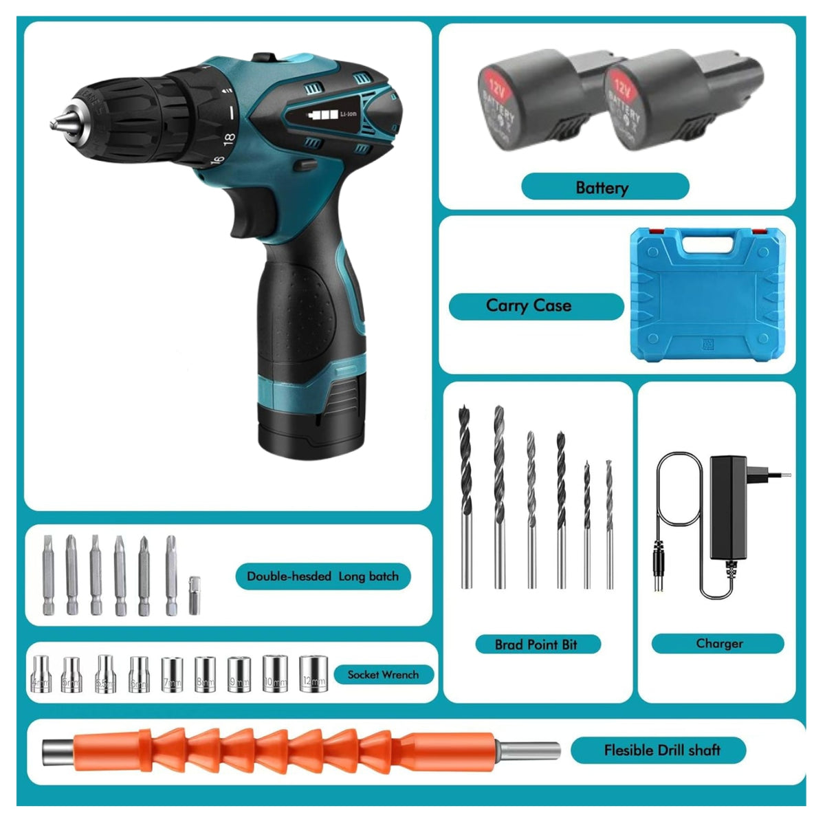 Taladro de mano 2 Baterías Mas Accesorios