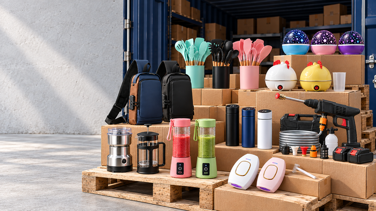 Contenedor con productos de cocina, hogar, tecnología y belleza disponibles en Compras de Verdad