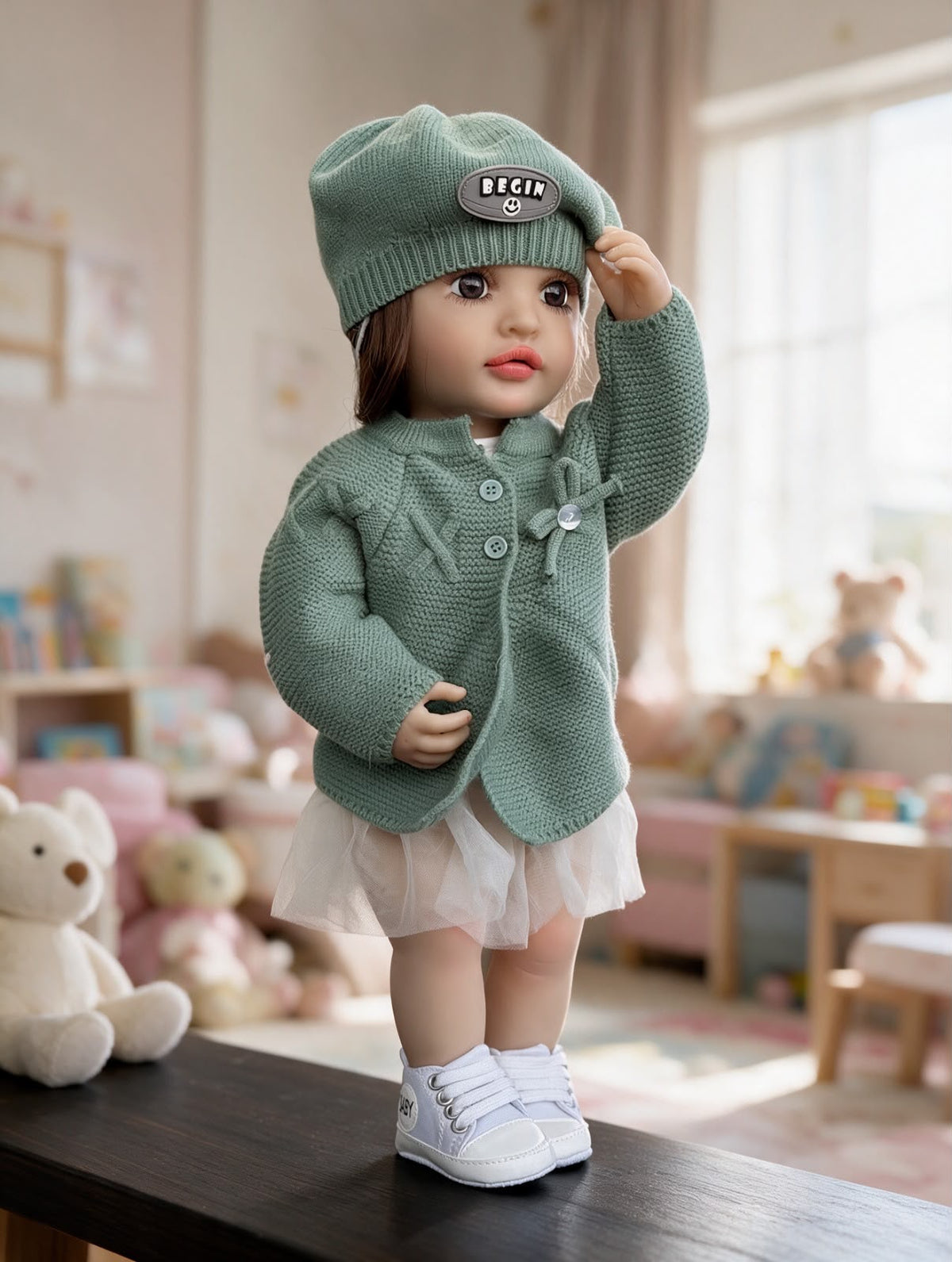 Muñeca real interactiva 1, modelo verde en ambiente