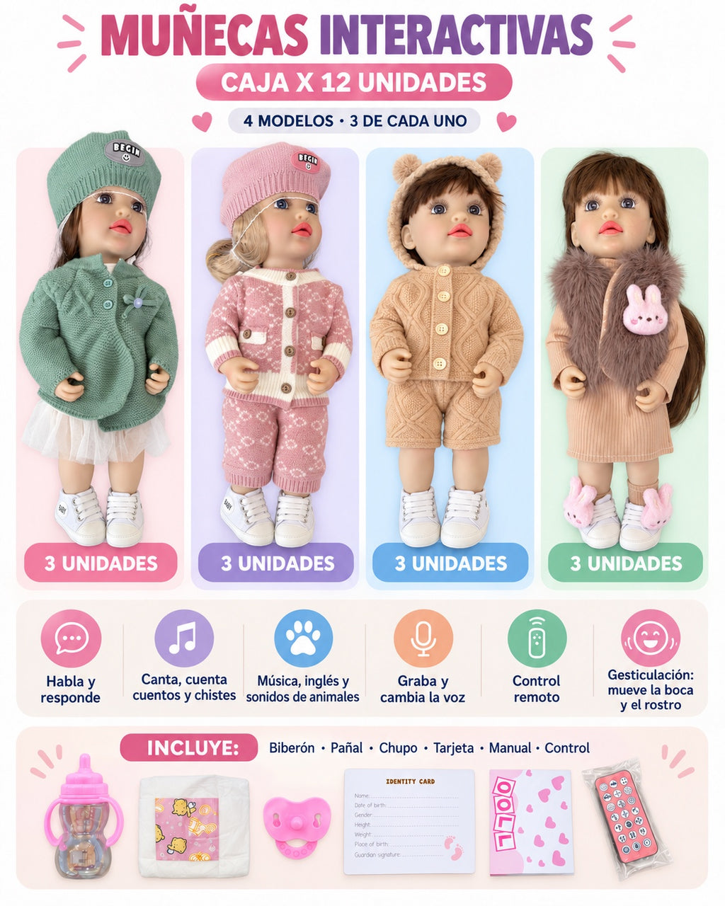 Muñeca real interactiva 1: cuatro modelos, funciones y accesorios incluidos